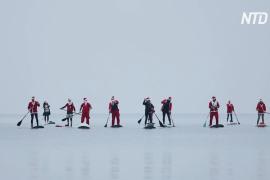 Санта-Клаусы устроили прогулку на SUP-бордах в Адриатическом море