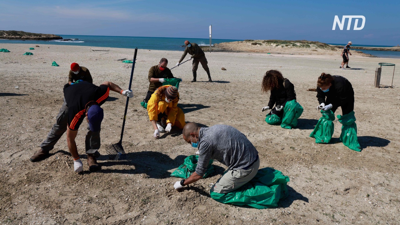 Со средиземноморских пляжей Израиля убирают остатки нефтепродуктов