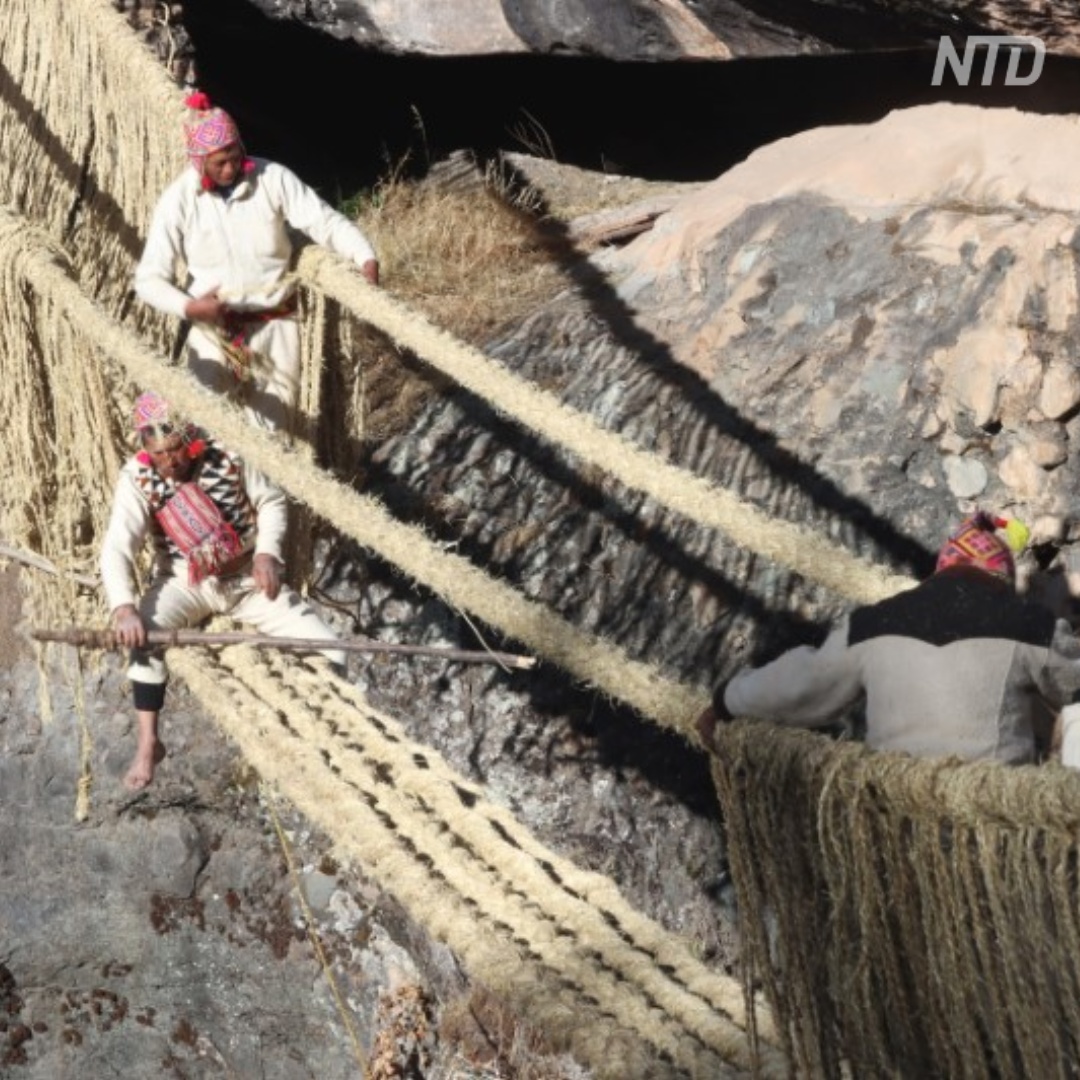 Индейцы восстанавливают древний верёвочный мост в Перу
