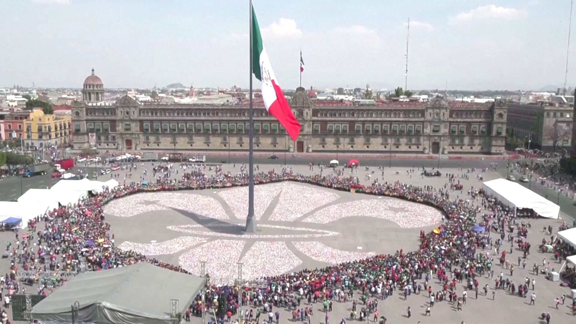 Гигантскую лилию из мусора сложили мексиканские скауты в центре Мехико
