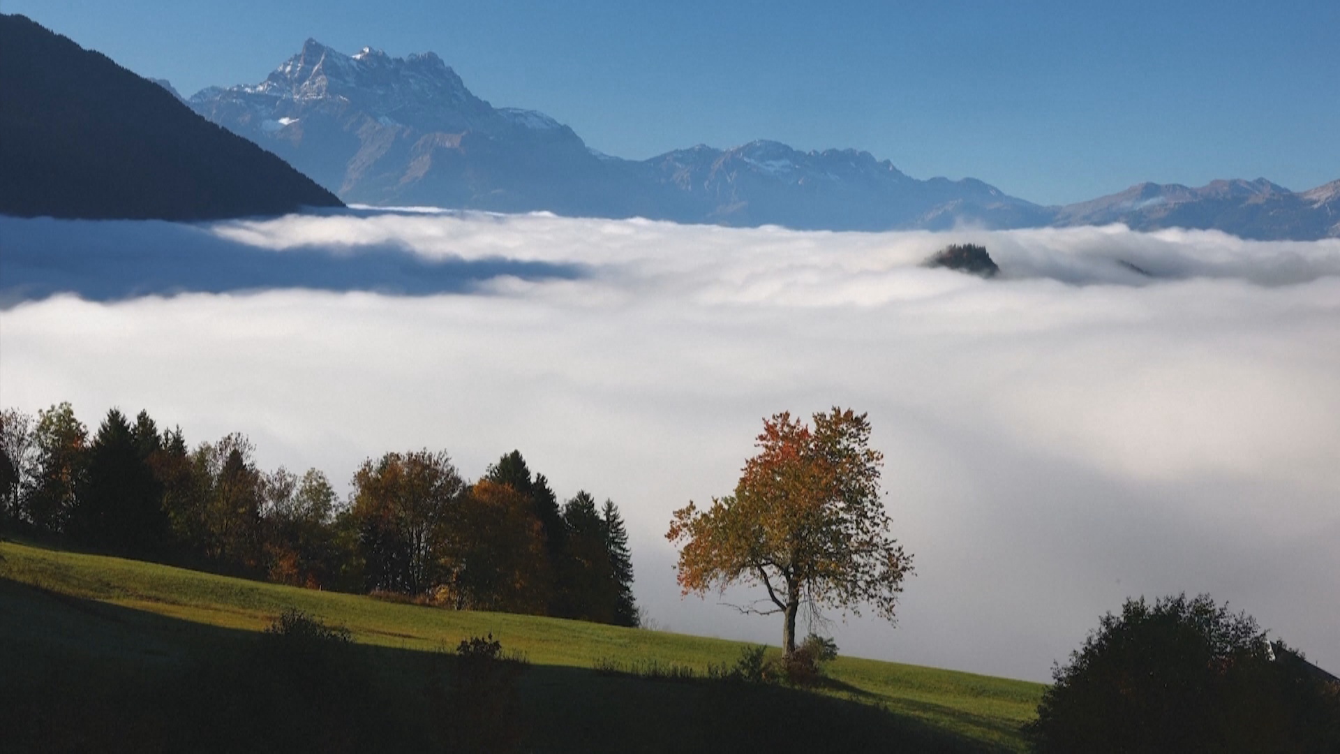 Танцующий туман придал ещё больше очарования осеннему пейзажу в швейцарских Альпах Танцующий туман придал ещё больше очарования осеннему пейзажу в швейцарских Альпах